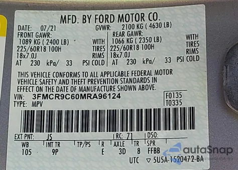 2021 Ford Bronco Sport Outer Banks из США, поврежденный, VIN 3FMCR9C60MRA96124